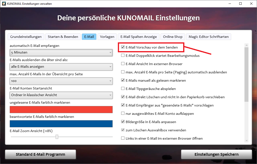 KUNOMAIL E-Mail Vorschau